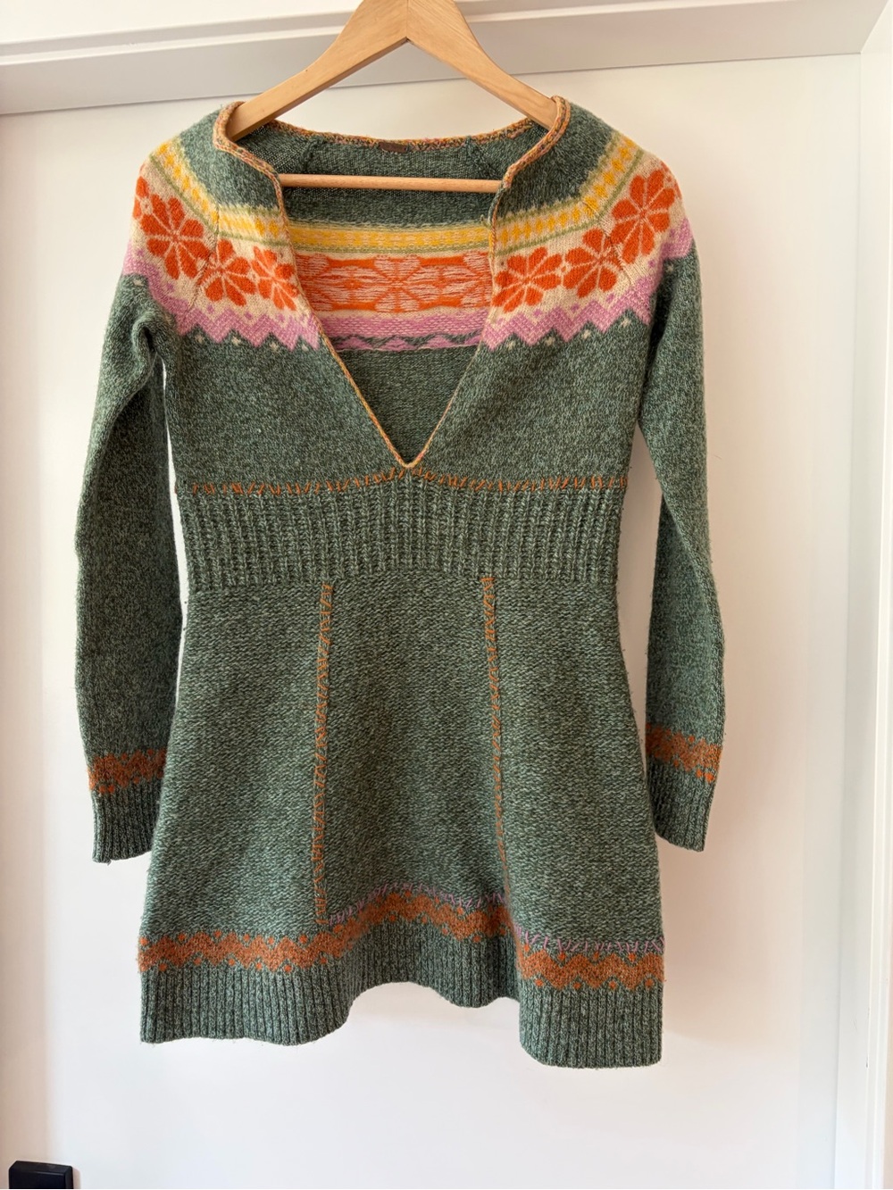 Free People Wool Green Fair Isle V-Neck Women's Sweater Dress Small